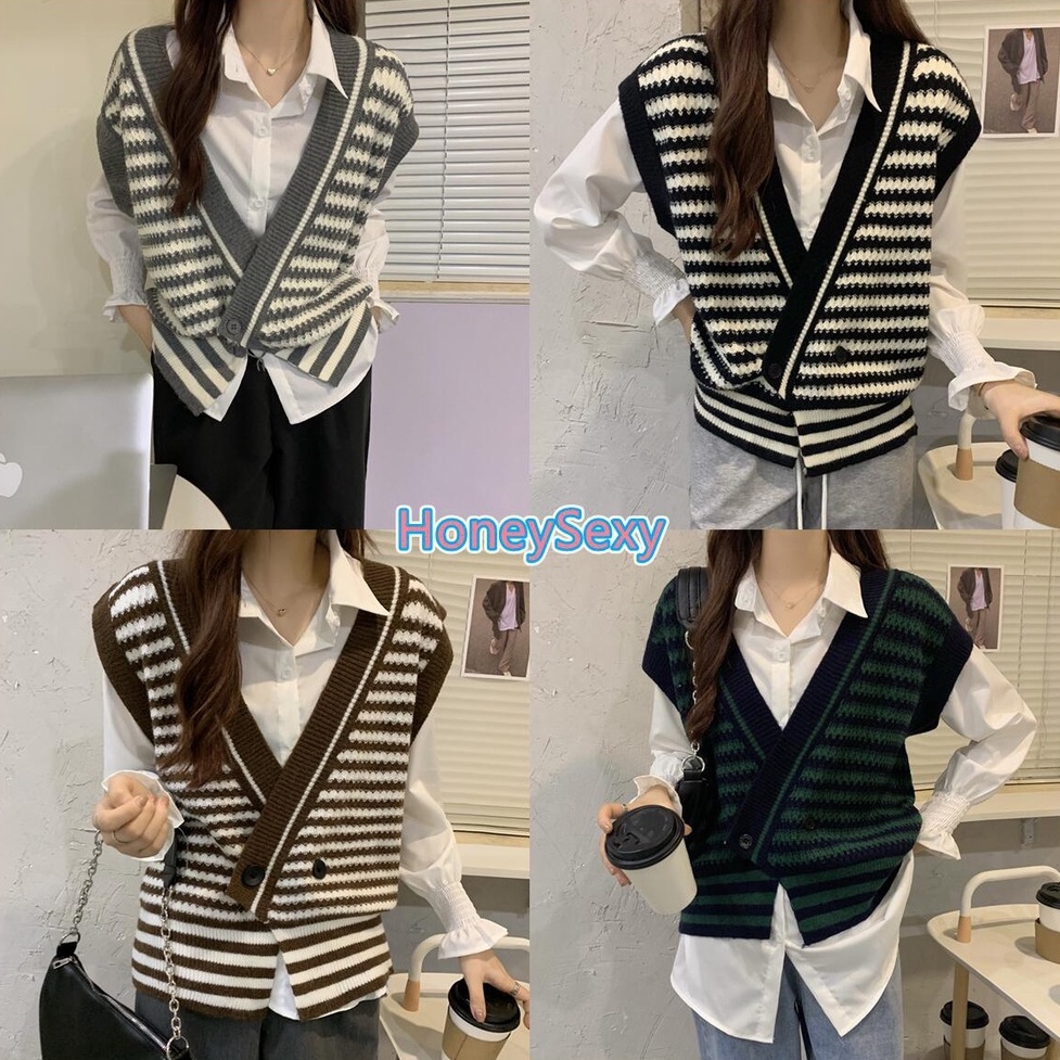 HoneySexy Áo vest nữ Hàng đầu Dệt kim Không tay Cổ chữ V sọc Đơn giản Thời trang Cổ điển Gợi cảm Thanh lịch | BigBuy360 - bigbuy360.vn