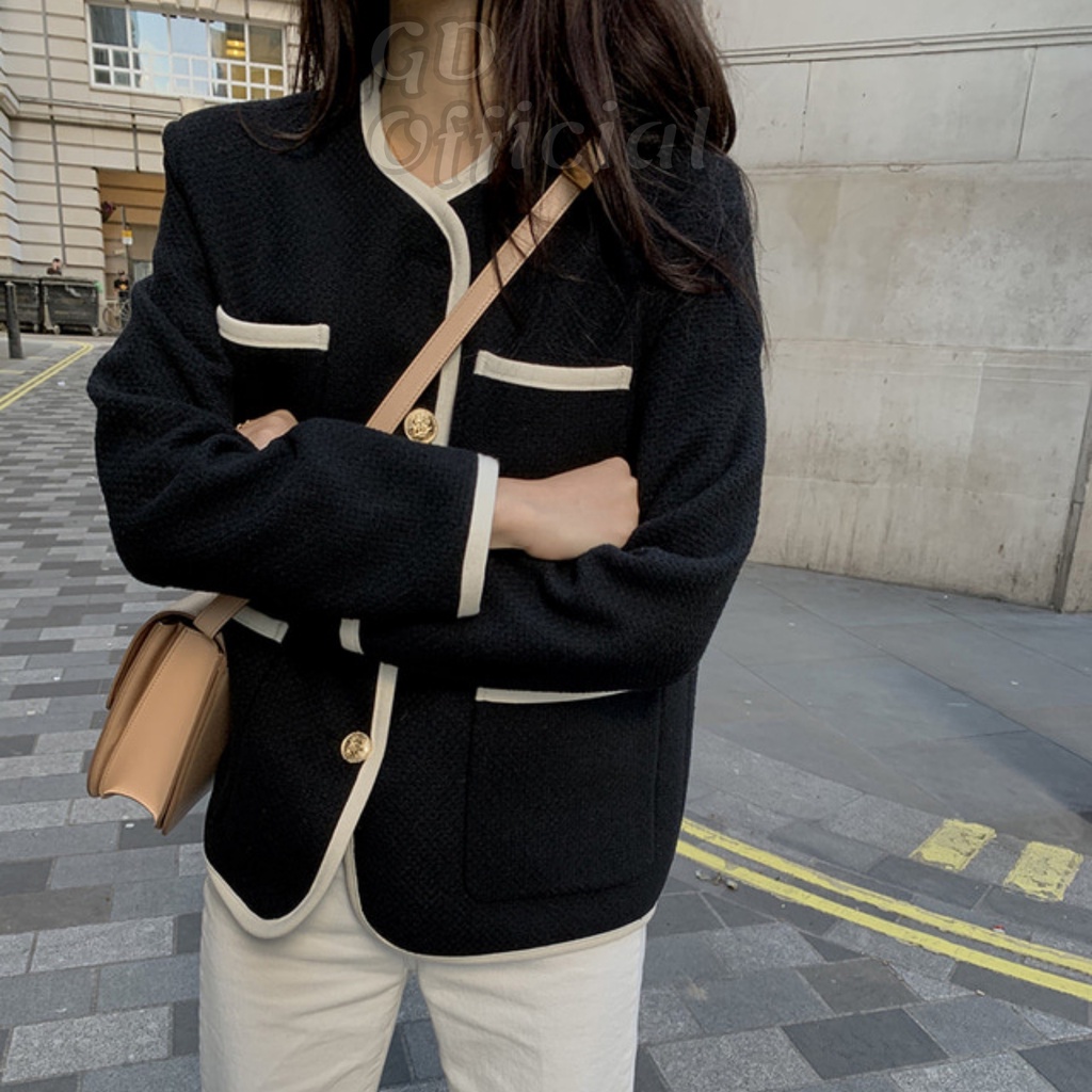 K10|Áo khoác cổ tròn retro có túi nữ dài tay chất tweed màu trắng, đen gd_order