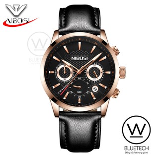Đồng hồ nam nibosi chạy 6 kim dây da mặt đen kim vàng