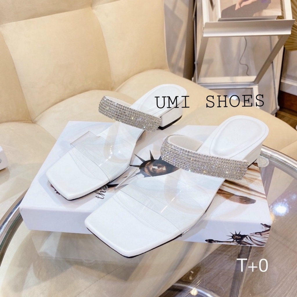 [NOWSHIP] Guốc nữ cao gót mũi vuông đính đá quai mica lấp lánh gót vuông đi chơi đơn giản mẫu mới hot xinh đẹp công sở