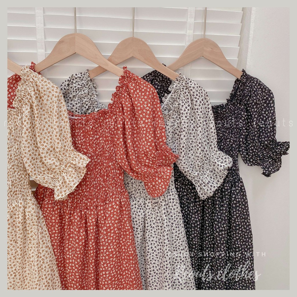 Váy xòe hoa nhí dáng trễ vai và ngực vuông Ảnh thật Thời trang nữ Reouts | BigBuy360 - bigbuy360.vn