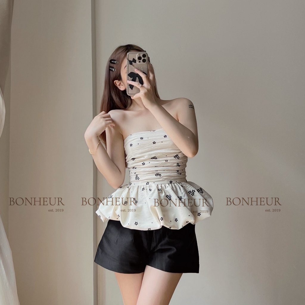 áo cúp bồng kèm tay trễ vai xoè dúm ngực phong cách tiểu thư vải đũi xốp Hàn thiết kế Bonheur Mina Top | BigBuy360 - bigbuy360.vn