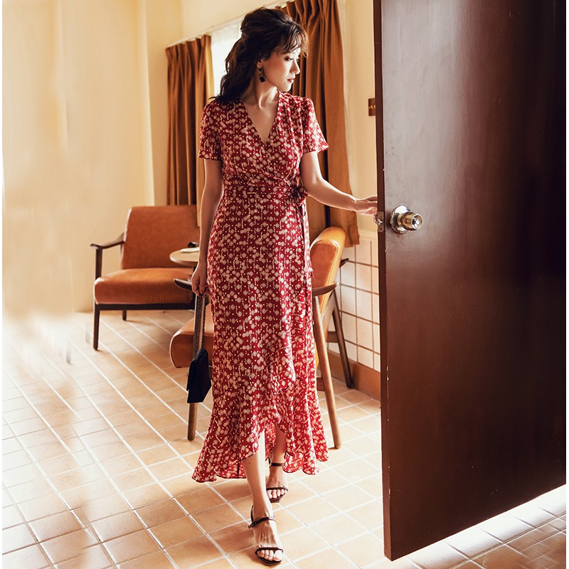 Đầm maxi ngắn tay in họa tiết phong cách bohemian thanh lịch dành cho nữ