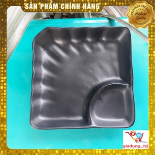 Đĩa nhựa phíp vuông, dĩa melamine có ngăn đựng nước chấm màu đen tiện lợi yg140128- giadung_h2