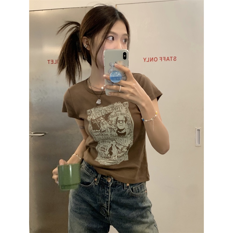 Áo Thun Tay Ngắn Dáng Ôm In Họa Tiết Cổ Điển Thời Trang Phong Cách Hàn Quốc Cho Nữ