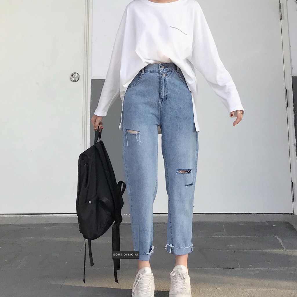 Quần Jean Nữ Baggy Cạp Cao Jeans Xanh Rách Gối Lưng Chun Phong Cách Cá Tính Năng Động Chất Liệu Denim Dày Dặn PLO 2207