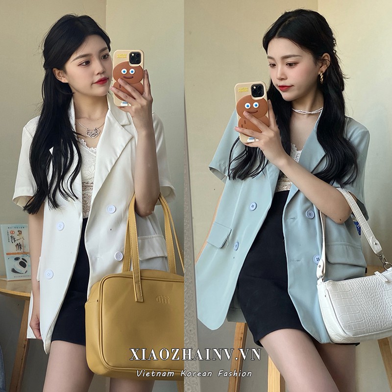 Xiaozhainv Áo khoác blazer tay ngắn form rộng màu trơn phong cách Hàn Quốc thanh lịch cho nữ | BigBuy360 - bigbuy360.vn
