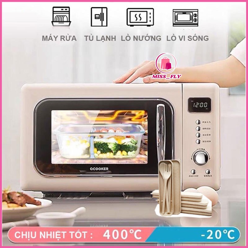 Bộ Hộp Cơm Thủy Tinh Chia Ngăn Cao Cấp Tặng Kèm Túi Đựng Giữ Nhiệt+ Đũa Thìa, Tiện Lợi, Sạch Sẽ