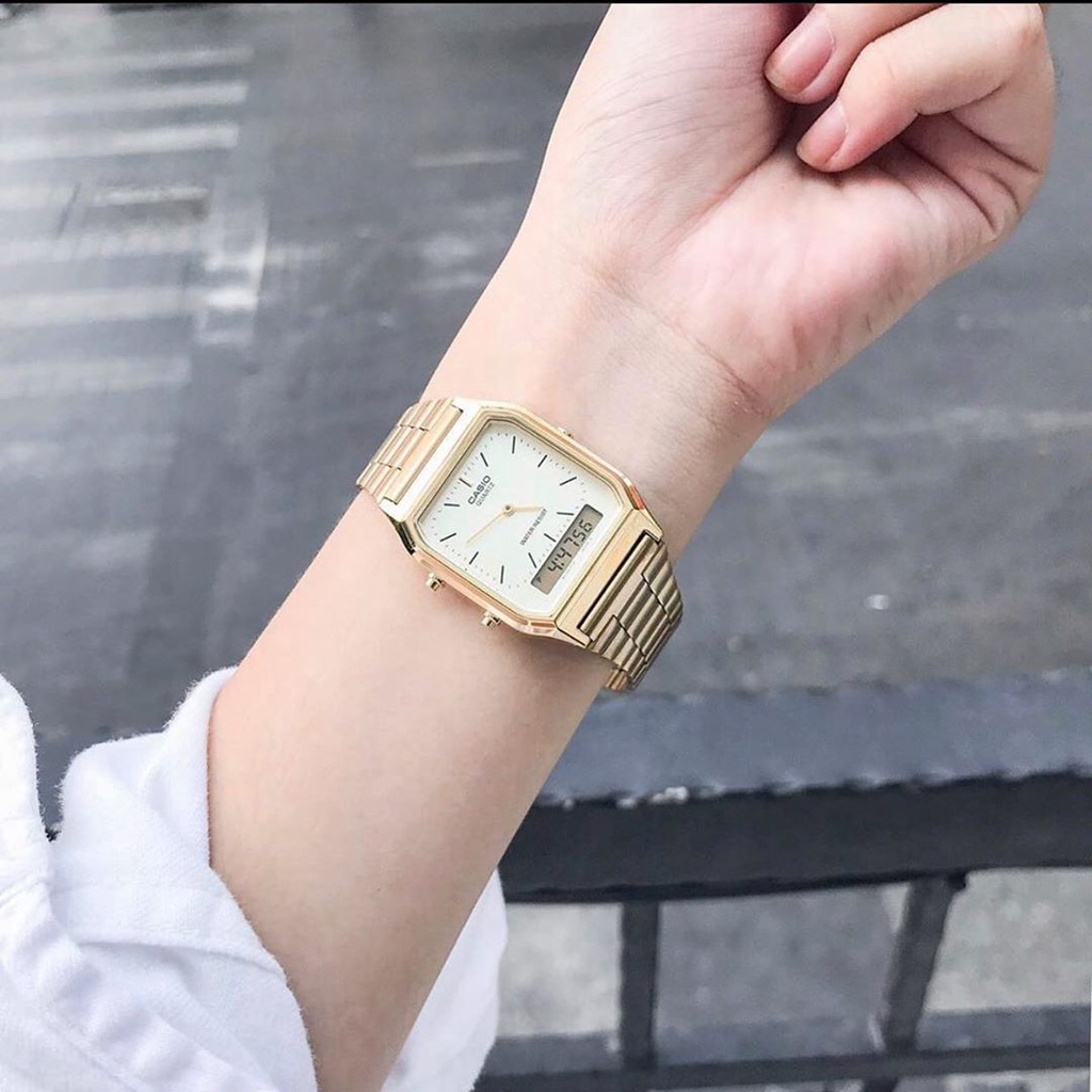 Đồng hồ Unisex Casio AQ-230GA-9DMQ, đồng hồ chính hãng, gold gạch