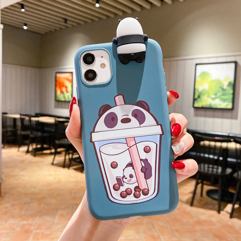 Ốp lưng Redmi Note 9 9S 8 7 6 6A 5 5A 4 4X Pro Plus Xiaomi MI A2 Lite 3D Milk Tea Cup Cute Bear Soft Case Cover+Bear Doll