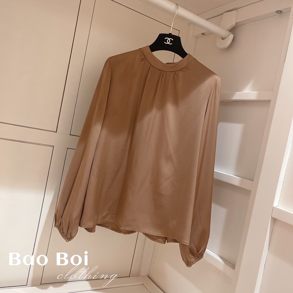 Áo sơ mi nữ lụa form rộng công sở kiểu tay phồng thắt nơ lưng hàng thiết kế cao cấp hottrend đẹp LICA - A32