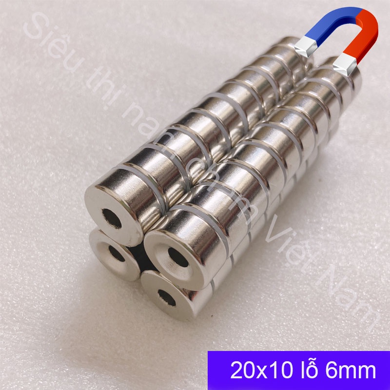 Nam châm đất hiếm, hình trụ màu trắng bạc 20x10 lỗ 6mm hít bi sắt