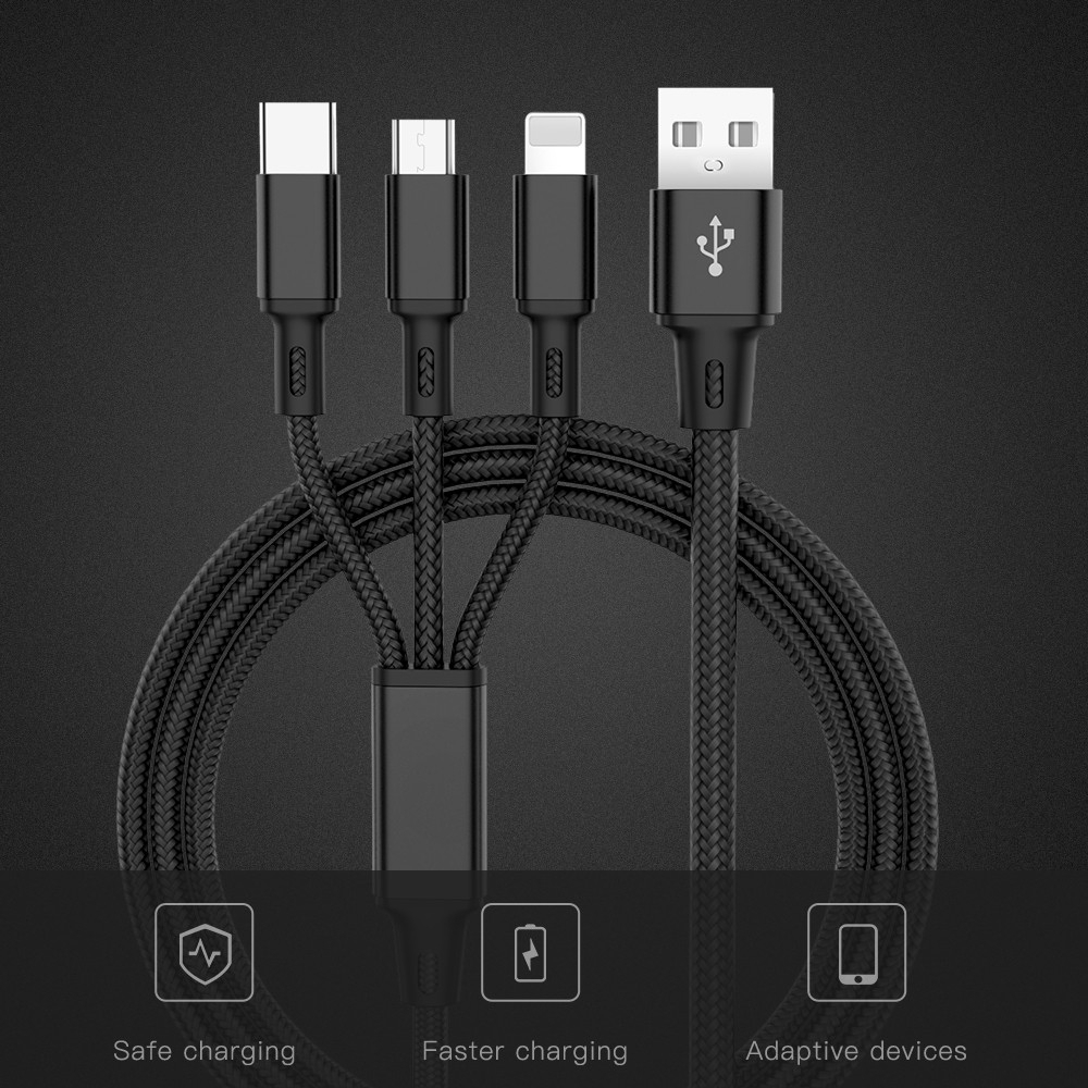 Dây cáp sạc 3 trong 1 có đầu Lightning / Micro USB/ Type C cho Iphone / Android
