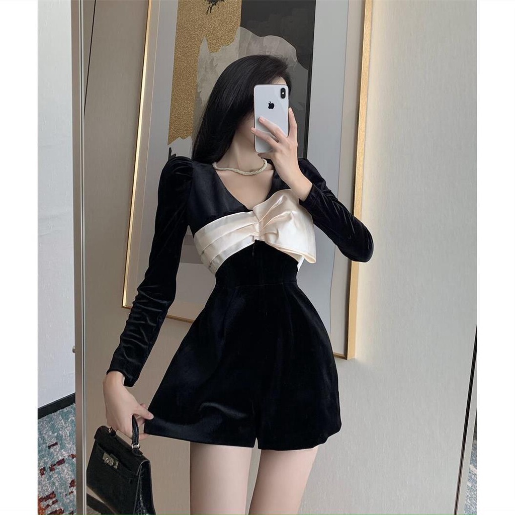 Áo liền quần Nhung Ống Rộng Tay Phồng Đính Nơ Xinh Xắn Theo Phong Cách Mùa Thu | BigBuy360 - bigbuy360.vn