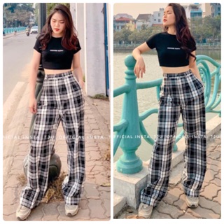 SET ÁO CROP QUẦN CARO ỐNG RỘNG