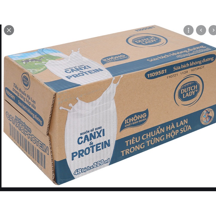 Thùng 48 bịch sữa tiệt trùng không đường Dutch Lady Canxi & Protein 180ml