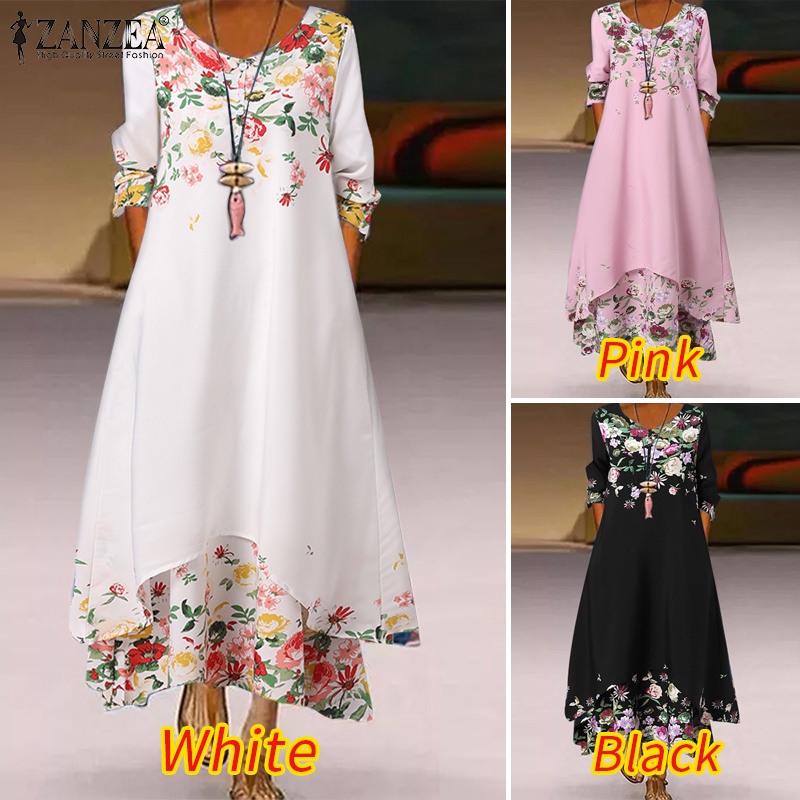 Đầm ZANZEA dáng dài cổ tròn in họa tiết phong cách vintage Châu Âu cho nữ