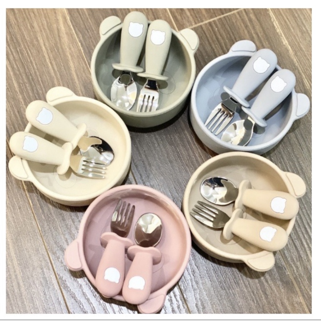 Set thìa - nĩa Silicon hình gấu Bar rot cho bé tập ăn dặm - Barrot