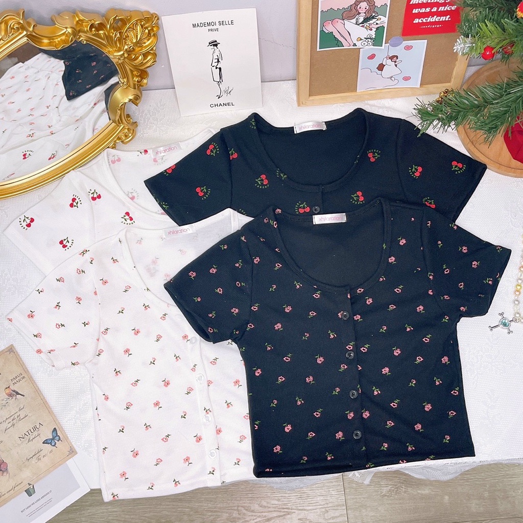 áo croptop hàng nút in hoa cherry cute na