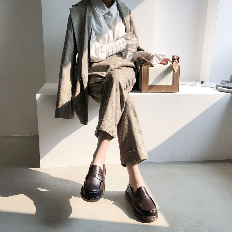 Giày IELGY da PU mũi tròn thoáng khí phong cách Hàn Quốc retro thời trang dành cho nữ