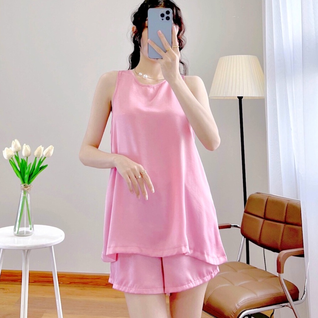 Đồ Bộ Lụa Satin Áo Ba Lỗ  Sát Nách Sang Chảnh Cực Mát Mặc Nhà, Mặc Ngủ