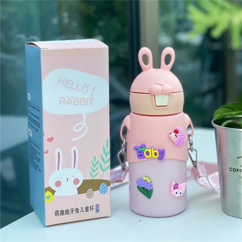 Bình Giữ Nhiệt Thỏ Có Ống Hút Và Quai Đeo,Tặng Kèm Sticker