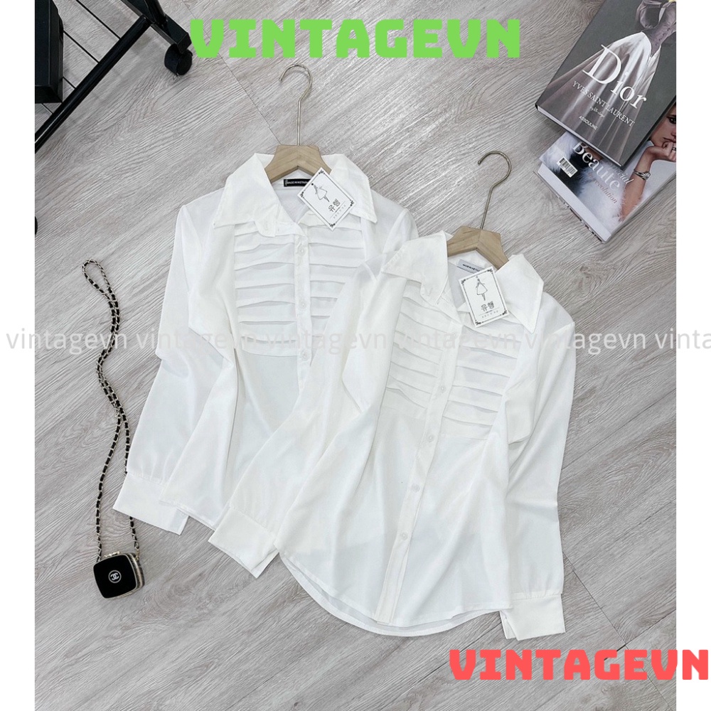 Áo sơ mi trắng xếp ly ngực hàng đẹp HA00002 vintagevn