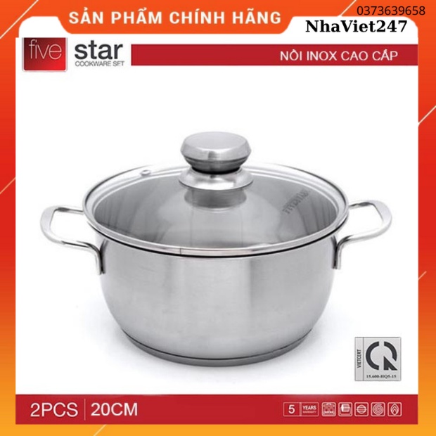 Nồi Inox 3 đáy nắp kính Fivestar đường kính 20cm-dùng bếp từ,nồi kho thịt cá,bền ,đẹp-Hàng chính hãng bảo hành 5 năm