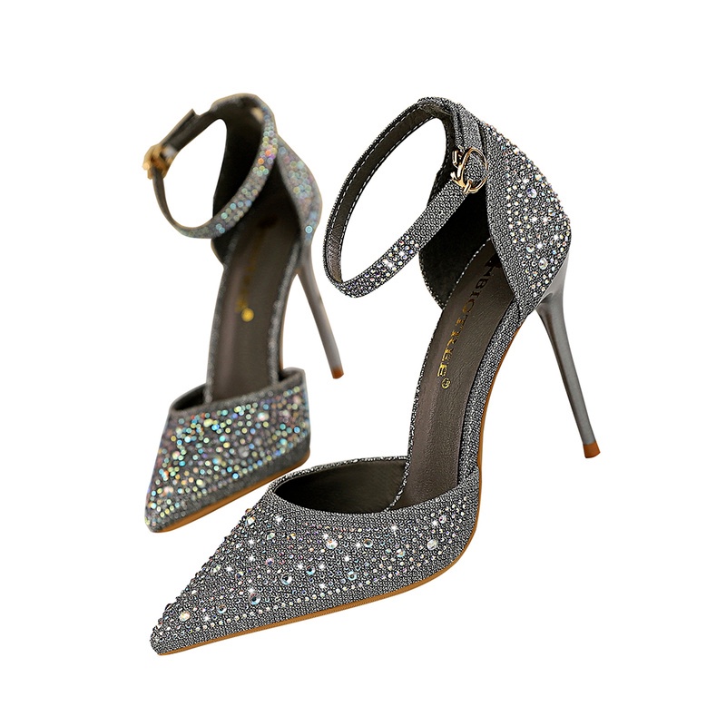 BIGTREE Chính Hãng Giày Cao Gót 10cm Mũi Nhọn Miệng Nông Đính Đá Lấp Lánh Phong Cách Hàn Quốc Cho Nữ  Mall-283-16