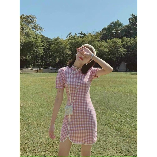 Đầm caro hồng cổ tàu , váy nữ cổ tàu siêu đẹp , váy nữ đi tiệc | BigBuy360 - bigbuy360.vn