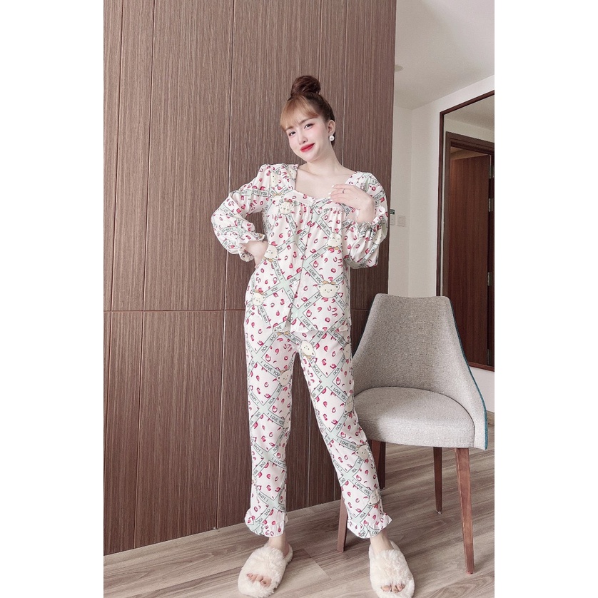 Set đồ ngủ pijama tay dài quần dài chất liệu lụa hàn freesize dưới 57kg tùy chiều cao