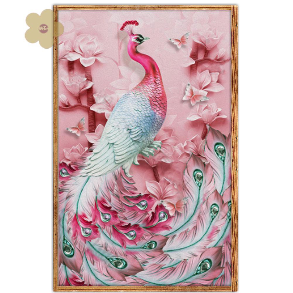 Tranh đính đá 5D họa tiết chim công màu hồng độc đáo DIY dùng trang trí nhà cửa