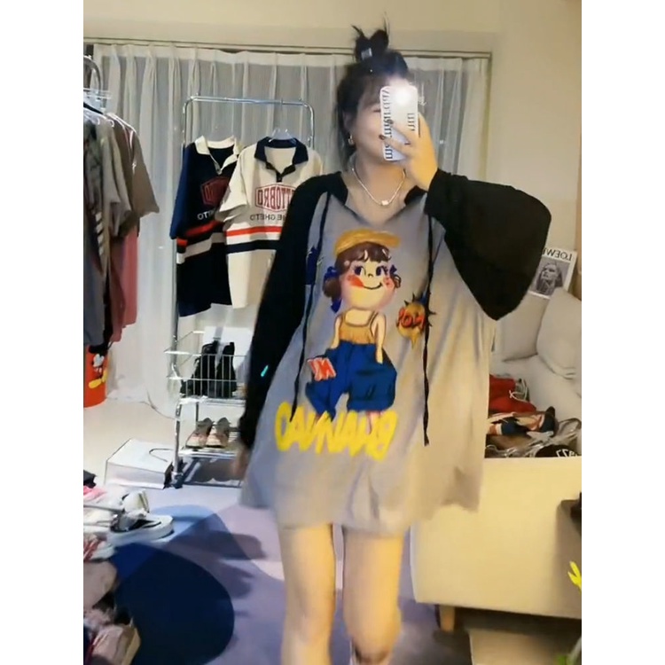 Áo Hoodie Tay Dài Dáng Rộng In Họa Tiết Hoạt Hình Phong Cách Hong Kong