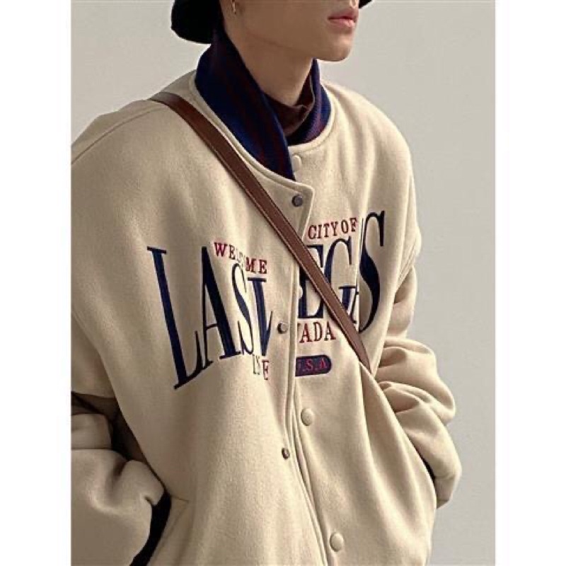 (Có sẵn)Áo Khoác Bomber Dạ LasVegas Áo Khoác Dạ Hai Lớp Thêu Chữ Dày Dặn Nam Nữ Unisex Hàng Quảng Châu Siêu Đẹp