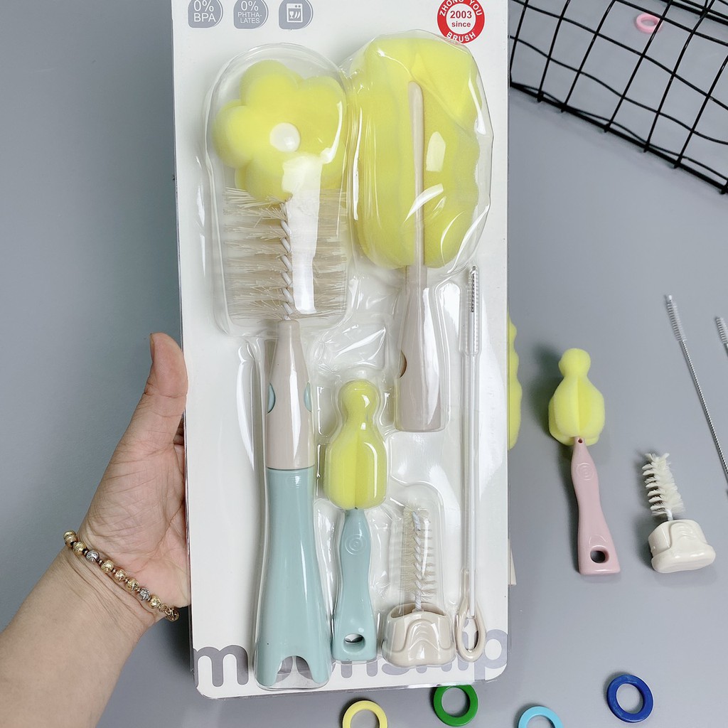 Bộ cọ rửa bình sữa cho bé 6 Chi tiết MOONSHIP cao cấp Tay cầm xoay 360 độ