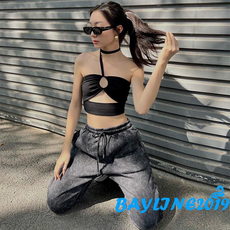 BAY-Women’s Casual Halter Vest Fashion Solid Color Boat Neck Metal Ring Exposed Navel Camisole