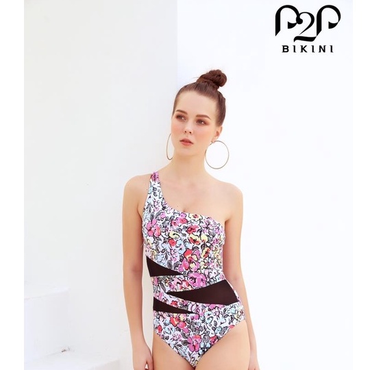 P2P BIKINI - Đồ bơi một mảnh lệch vai phối lưới cut out họa tiết hoa - MN370M_LV