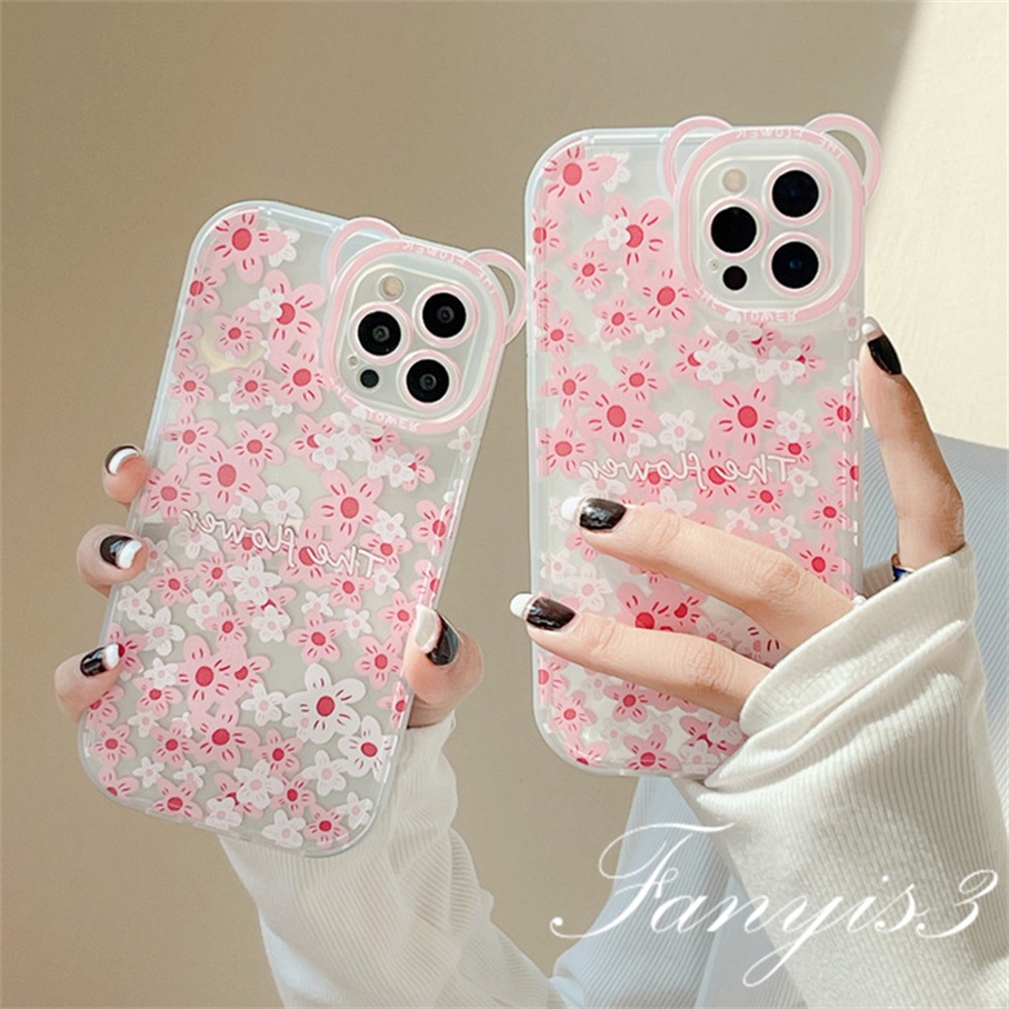 Ốp Điện Thoại Mềm Trong Suốt Họa Tiết Hoa Và Tai Gấu Cho iPhone 14 13 12 11 Pro Max X XR Xs Max 8 7 6 6s Plus SE 2020