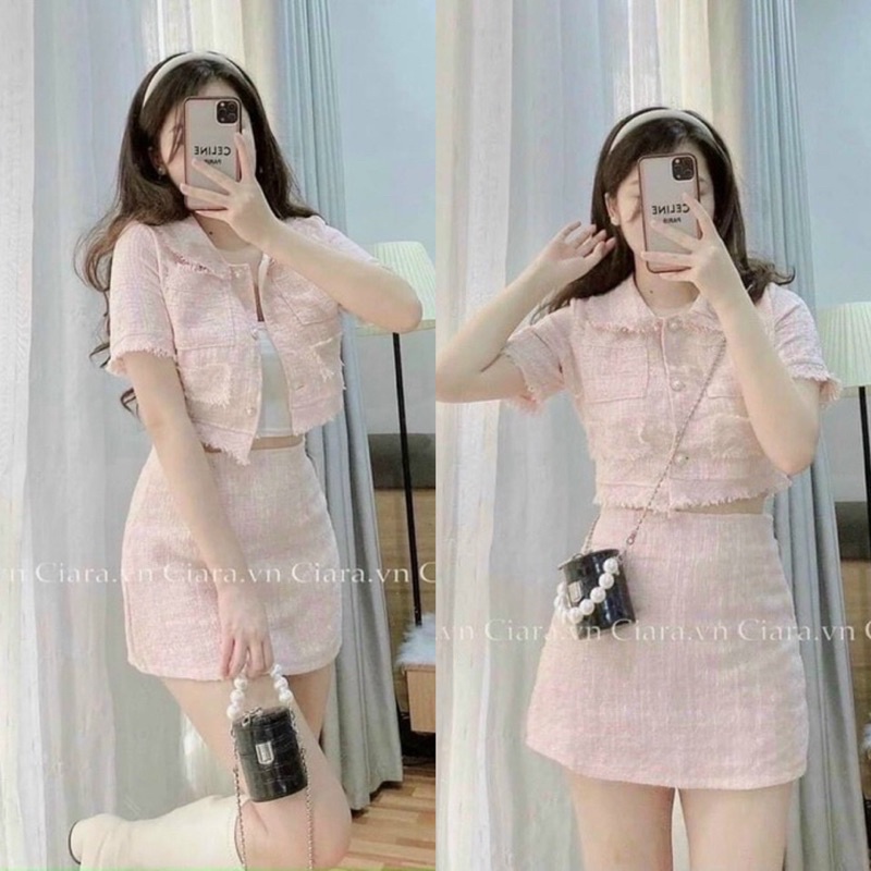 Về thêm màu mới Set áo croptop ngắn tay kèm với chân váy dạ hồng xanh đủ màu