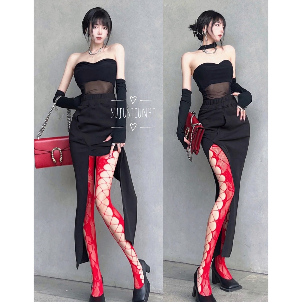 Quần tất lưới xẻ 2 bên họa tiết dây leo hoa hồng cá tính