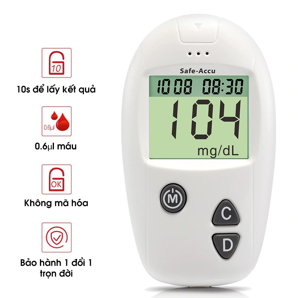 Máy đo đường huyết Safe-Accu đo tiểu đường, phát hiện tiểu đường bảo hành 1 đổi 1 trọn đời - Guty Care