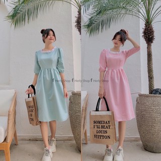 Đầm midi tay lở phối viền trắng