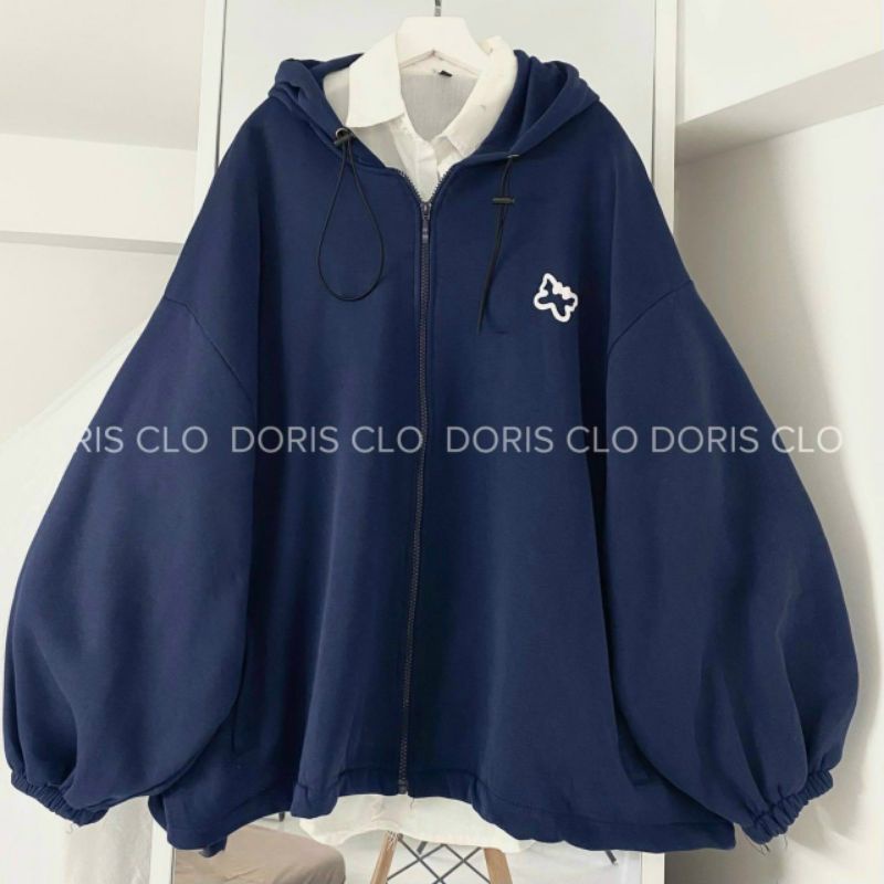 Áo khoác nỉ tay chun phồng_Áo hoodie khoá zip form rộng unisex nón to thêu logo Mèo Ulzzang thời trang thu đông