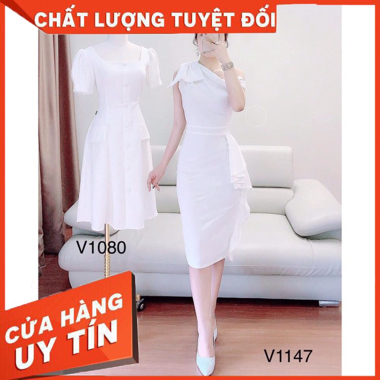 HÀNG CAO CẤP -  Đầm body lệch vai phối nơ chất umi freesize 2 màu trắng đỏ  - Hàng Cao Cấp