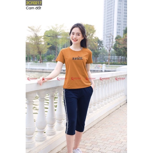 Đồ bộ nữ CARDINA chất Cotton cao cấp bộ mặc nhà kiểu dáng thể thao áo cộc tay in chữ quần lửng 2CF02