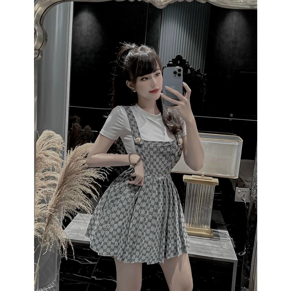 Set bộ đồ nữ áo thun trắng mix yếm họa tiết nơ xếp ly xinh xắn, cute dành cho các nàng yêu đi chơi, dự tiệc