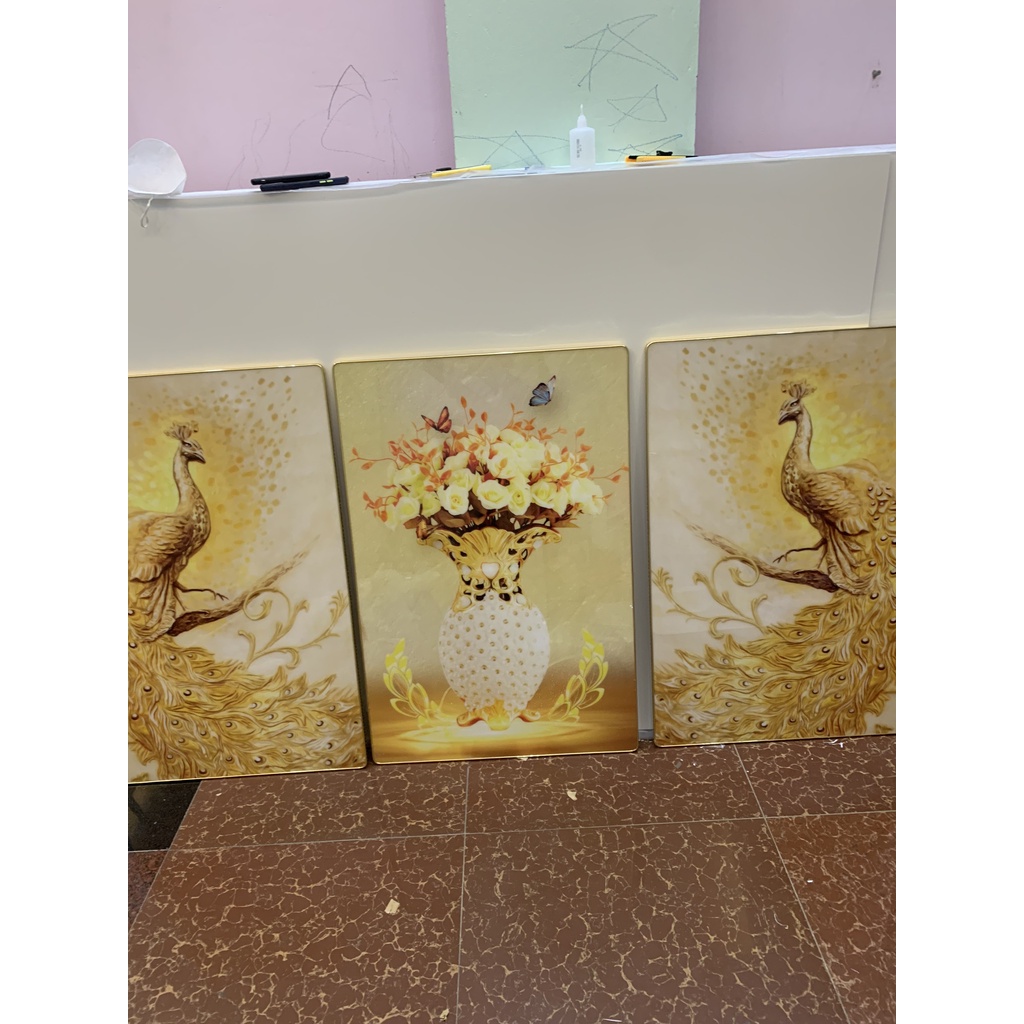 Tranh Treo Tường Phòng Khách Bộ 3 CHim Công/ Đôi Công Hoàng Kim Tráng Gương Phòng Ngủ Khách Sạn Decor Nhà Cửa Quà Tặng