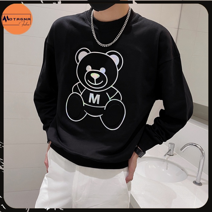Áo nỉ dài tay nam, Áo tay dài nam cổ tròn, thời trang dáng ôm in Gấu M cute mã NZ696