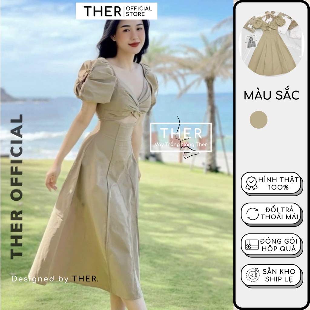 Đầm Nữ Đi Hẹn Hò Cổ Tim Xoắn Ngực Cut-Out Eo Tay Rút Quyến Rũ, Đầm Nữ Form Dài Xếp Li Màu Kem (Kèm Ảnh Thật)