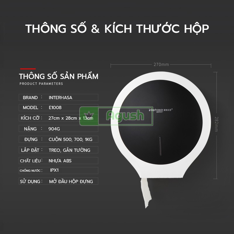 Hộp đựng giấy vệ sinh cuộn lớn công nghiệp treo dán tường INTERHASA E1008 màu đen nhựa bền đẹp chống nước nhà tắm toilet
